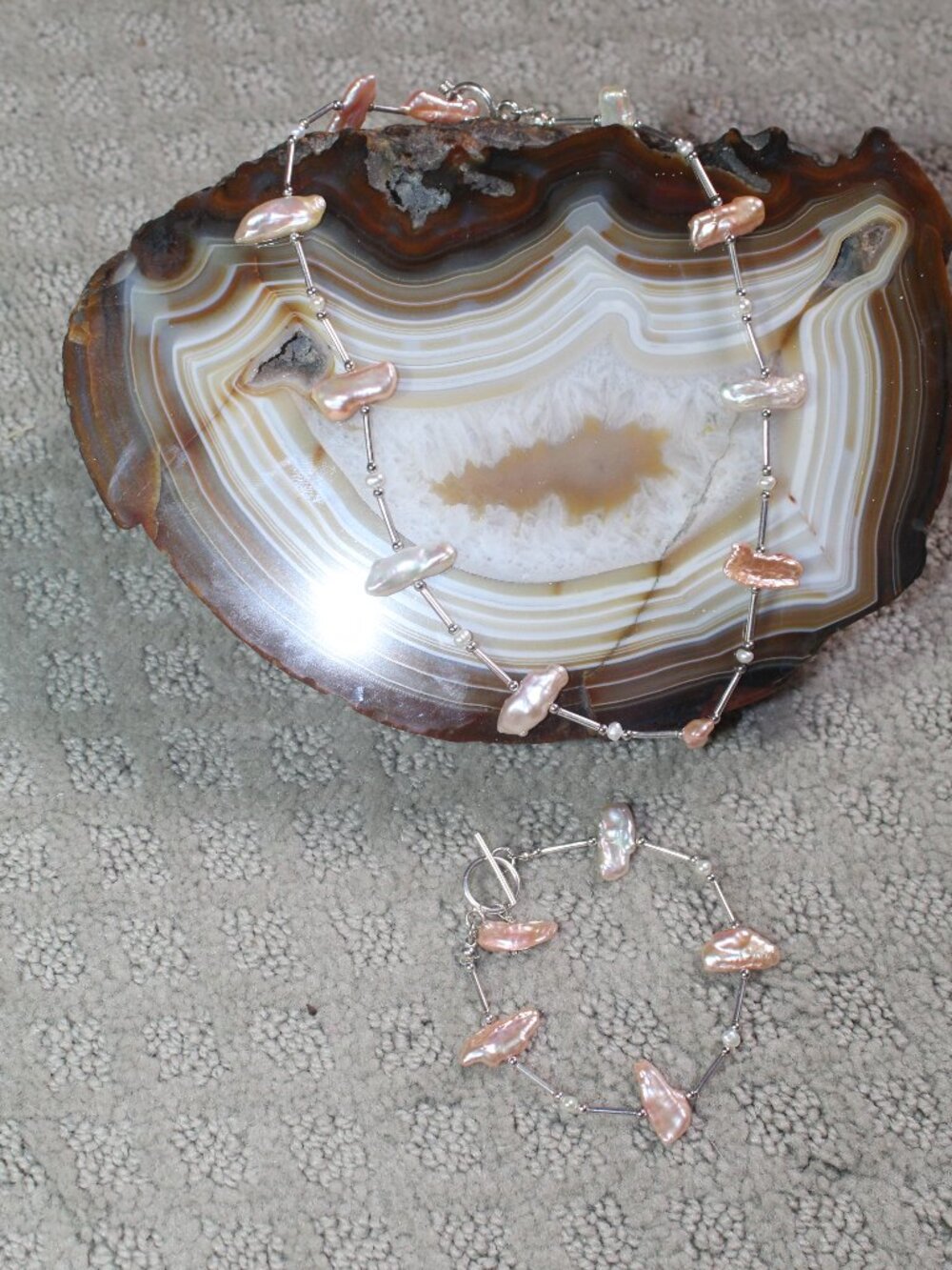 Sterling Silver Baroque Pink Pearl 16" Necklace & 7.5" Bracelet Set